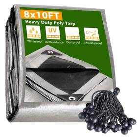 Apluschoice 767571296507 8x10 Ft Waterproof Poly Tarp With 25 Ball Bungees Protect Cover 10mil Tarpaulin