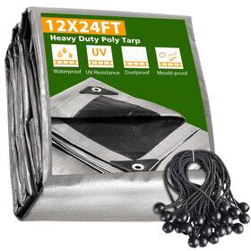 Apluschoice 767571296569 12x24 Ft Waterproof Poly Tarp With 25 Ball Bungees Protect Cover 10mil Tarpaulin