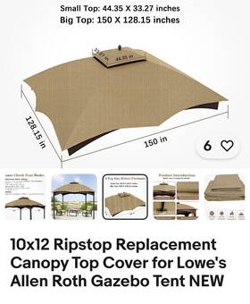 50767 Branded 10x12 Ripstop Replacement Canopy Top Cover For Lowes Allen Roth Gazebo