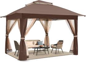 Cooshade 714477691486 13x13 Pop Up Gazebo Tent Canopy Patio Shelter Mosquito Netting Brown