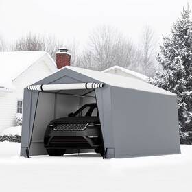 A19593 Costway N685gr 10ft X 16ft Heavy-duty Carport Car Canopy With Outdoor Storage Shelter And Garage Grey
