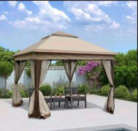Np10470be Costway Gazebos 11ftx11ft 2-tier Portable Canopy Shelter Carry Bag Mesh Beige