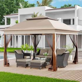 J01-hdgb Gardenbee Gazebo 11ft X Steel Portable Pop-up With Mosquito Netting Beige