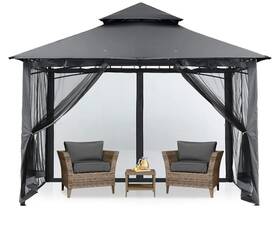 0909dp-nt Mastercanopy Outdoor Garden Gazebo For Patios With Stable Steel Frame And Netting Walls Gray