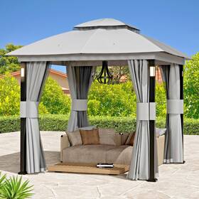 Modern Shade 762647092915 Outdoor Patio Gazebo 8ftx8ft Netting And Curtain With Led Light Bluetooth Speaker