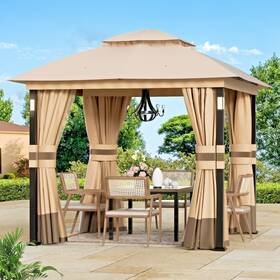 Modern Shade 762647092922 Patio Gazebo 8ftx8ft Netting And Curtain With Led Light Bluetooth Speaker Khaki