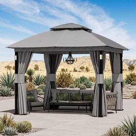 Modern Shade 762647093943 Outdoor Patio Gazebo 10ftx10ft Netting And Curtain With Led Light Bluetooth Speaker