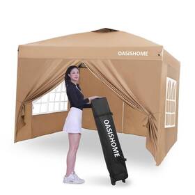 2-khaki Oasishome Pop-up Gazebo Instant Canopy Tent 10ftx10ft With 4 Sidewalls Khaki