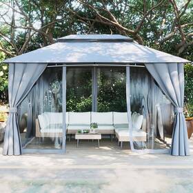 Abgaz173gy Rotihom Gazebo 10x13 With Mosquito Netting And Privacy Screens. Double Roof Design Outd