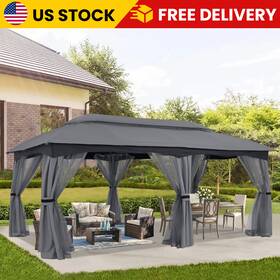 Az-74 Trend Haven 10x20 Outdoor Gazebo Steel Frame Canopy With Netting Double Vent Roof New