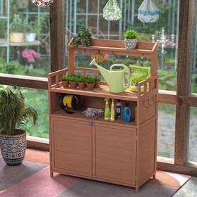 Tunearary 445020961932 Outdoor Patio Brown Solid Fir Made Garden Planting Workbench With Storage Cabine
