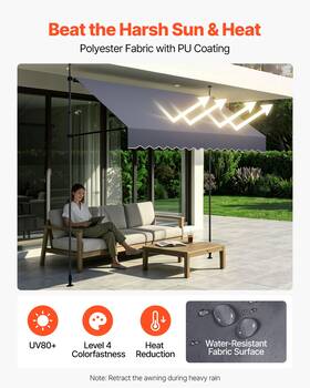 Vevor 197988189299 98 Inch Manual Retractable Awning Patio Sunshade Canopy With Adjustable Height Gray