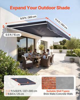 Vevor 197988191124 Manual Retractable Awning 11.5x9.8ft Patio Sun Shade Waterproof Crank Gray