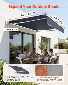 Vevor 197988191247 Manual Retractable Awning 8.2x6.6 Ft Patio Sun Shade Crank Gray Uv Water