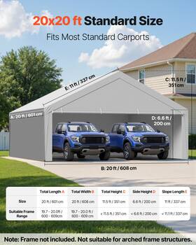 Vevor 197988354758 20x20ft Carport Canopy Replacement Uv/waterproof Grey Frame Not Included