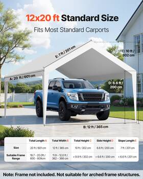 Vevor 197988355847 12x20ft Carport Canopy Replacement Uv/waterproof White Frame Not Included