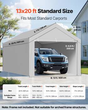 Vevor 197988356813 13x20ft Carport Canopy Replacement Uv/waterproof Grey Frame Not Included