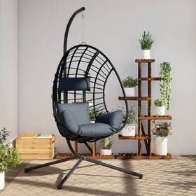 4007409 Vidaxl Hanging Egg Chair With Stand Anthracite Rattan And Steel