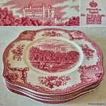 4 Vtg Johnson Bros Old Britain Castles Pink 7 " Square Salad Plates. Crown Mark. Fixed Price $49.95.