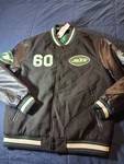 Nfl New York Black Jacket-faux Leather Sleeves-jets Logo Large. Fixed Price $81.41.