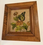 Vtg Reverse Painted Monarch Zinnias Glass Signed 1985 Wood Frame. Fixed Price $25.00.