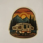 Pop - Up Camper Tent Trailer Mountains Forest Woods Camping Sunset Sticker. Fixed Price $5.95.