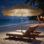 Outsunny 9 Ft Tiki Outdoor Patio Umbrella With Solar Light, Tilt, Khaki. Fixed Price $113.99.