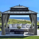 Hardtop Gazebo 12 X 10 Double Roof Galvanized Steel Gray Aluminum Sunjoy Curtain. Fixed Price $2076.99.