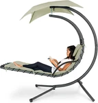 Sage Curved Steel Outdoor Chaise Lounge Swing With Canopy & Pillow. Fixed Price $366.99.