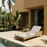 Acacia Wood Sun Lounger With Adjustable Backrest & Grey Cushions. Fixed Price $477.99.