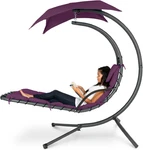 Curved Steel Outdoor Chaise Lounge Swing Chair With Canopy - Purple. Fixed Price $333.99.
