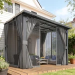 Wall Mounted Hardtop Gazebo Metal Lean Pergola With Curtains Netting Patio. Fixed Price $499.99.