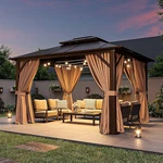 Aoxun Gazebo 12X10 Hardtop Steel Frame Brown Screen Included New Box. Fixed Price $714.93.