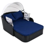 79.9" Outdoor Sunbed (adjustable Canopy, Double Lounge, Black Rattan, Blue Cushi. Fixed Price $342.07.