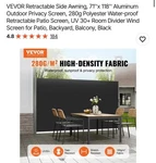 Vevor Retractable Side Awning 63" X118" Patio Privacy Screen Fence Divider Black. Fixed Price $70.00.