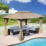 10X14FT Gazebo W/double Roofs, Curtain & Netting, For Patio, Backyard, Brown. Fixed Price $439.99.