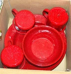 Coleman 11-PIECE Speckled Enamelware Dinnerware Dish Set, Not Complete. Fixed Price $15.00.