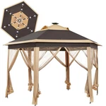 13 Pop-up Patio Gazebo Tent W/mesh Netting Sides & 25 Solar Led Lights, Brown. Fixed Price $183.99.