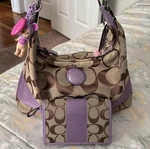 Coach Brown Purple Logo Shoulder Bag Set With Wallet! Sonny Angel Not Included. Fixed Price $200.00.