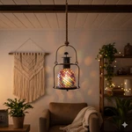 Mosaic Glass Candle Lantern Iridescent Tile Boho Patio Decor Metal Frame 11". Fixed Price $55.00.