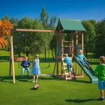 4-IN-1 Cedar Set: Slide, Rock Wall & Soft Cushion For Backyard. Fixed Price $455.00.