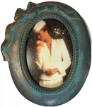 Glazed Terra Cotta Pottery Oval Picture Frame With Ribbon Accent Blue Gold. Fixed Price $20.00.