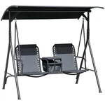 2 Person Porch Swing With Canopy, Storage Table, Cup Holder, Black. Fixed Price $179.99.