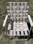 Vtg Outdoor Aluminum Folding Chair Pink White Colors Webbing Camping Picnic. Fixed Price $46.02.