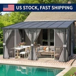 Wall-mounted Hardtop Lean Metal Pergola, Patio Gazebo W/ Curtains And Netting. Fixed Price $439.99.