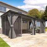 Gazebo For Patio, Wall-mounted Lean To Pergola With Curtains And Netting. Fixed Price $429.99.