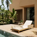 Acacia Wood Sun Lounger Chair W/beige Cushion & Grey Wicker. Fixed Price $471.68.